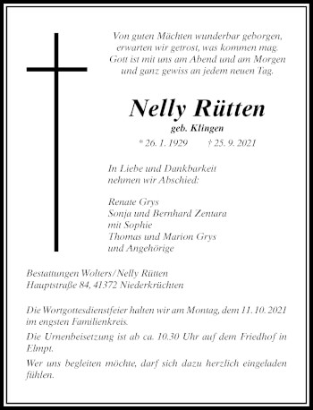 Traueranzeige von Nelly Rütten von Rheinische Post