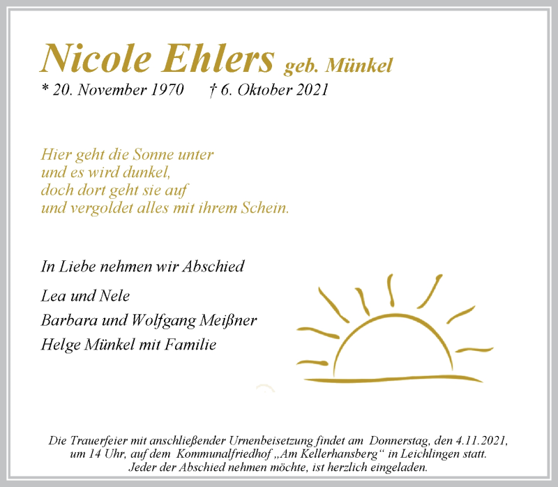  Traueranzeige für Nicole Ehlers vom 30.10.2021 aus Rheinische Post