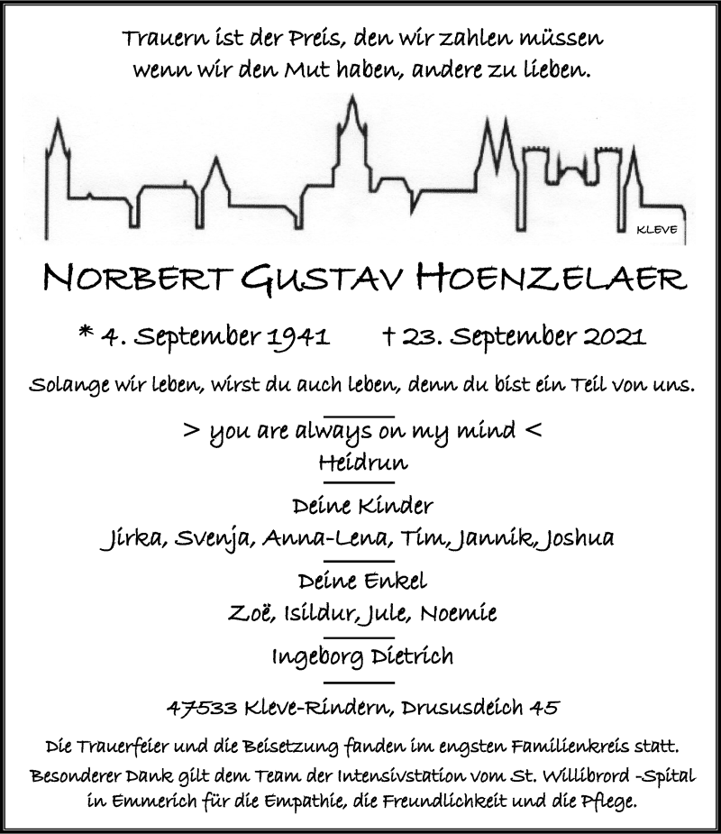  Traueranzeige für Norbert Gustav Hoenzelaer vom 09.10.2021 aus Rheinische Post