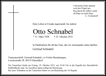 Traueranzeige von Otto Schnabel von Rheinische Post
