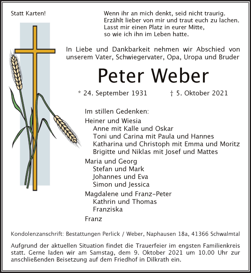  Traueranzeige für Peter Weber vom 07.10.2021 aus Rheinische Post