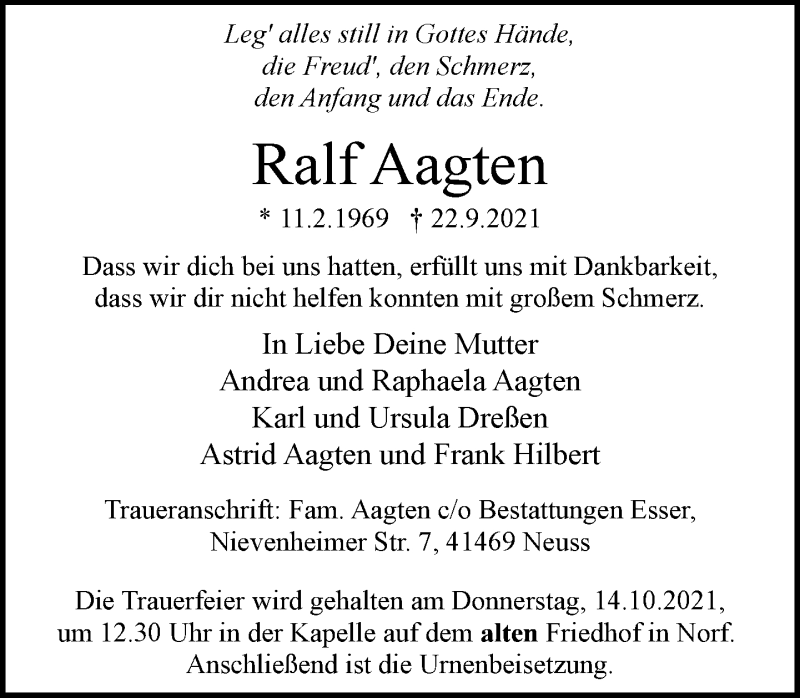  Traueranzeige für Ralf Aagten vom 09.10.2021 aus Rheinische Post