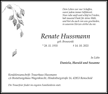 Traueranzeige von Renate Hussmann von Rheinische Post