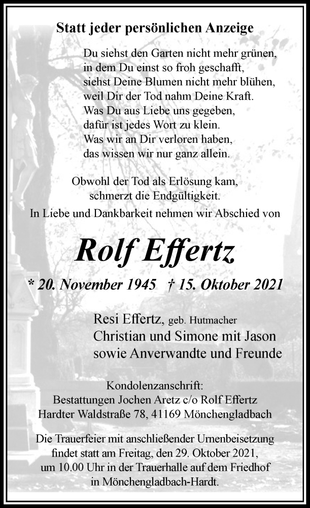  Traueranzeige für Rolf Effertz vom 23.10.2021 aus Rheinische Post