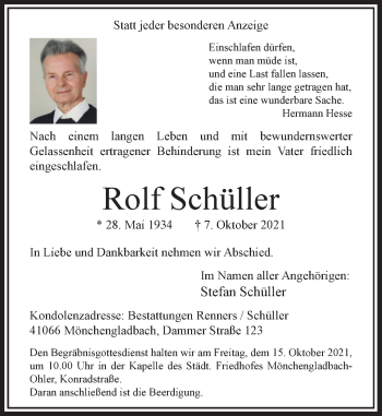 Traueranzeige von Rolf Schüller von Rheinische Post