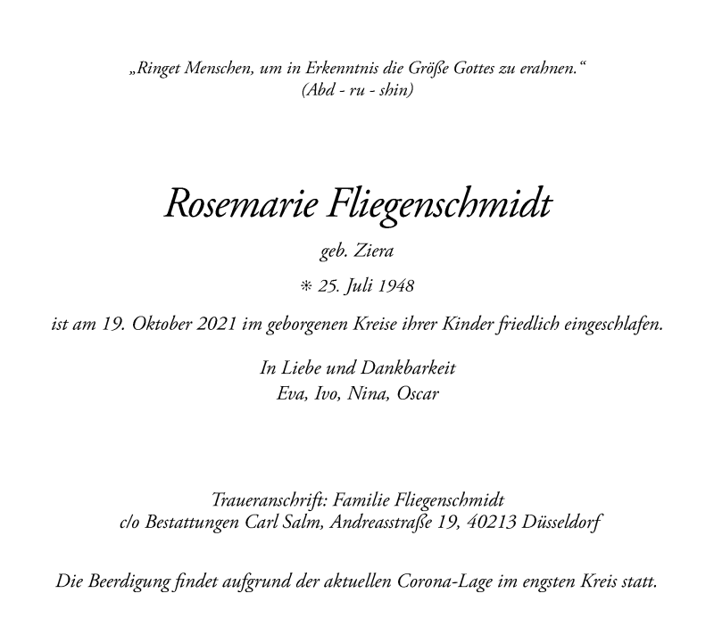  Traueranzeige für Rosemarie Fliegenschmidt vom 23.10.2021 aus Rheinische Post