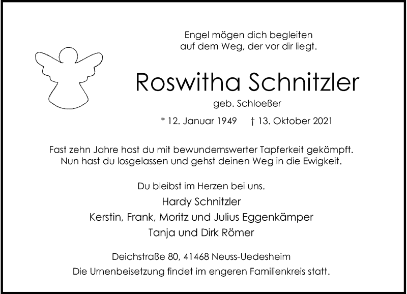  Traueranzeige für Roswitha Schnitzler vom 16.10.2021 aus Rheinische Post