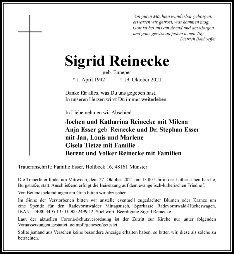  Traueranzeige für Sigrid Reinecke vom 23.10.2021 aus Rheinische Post