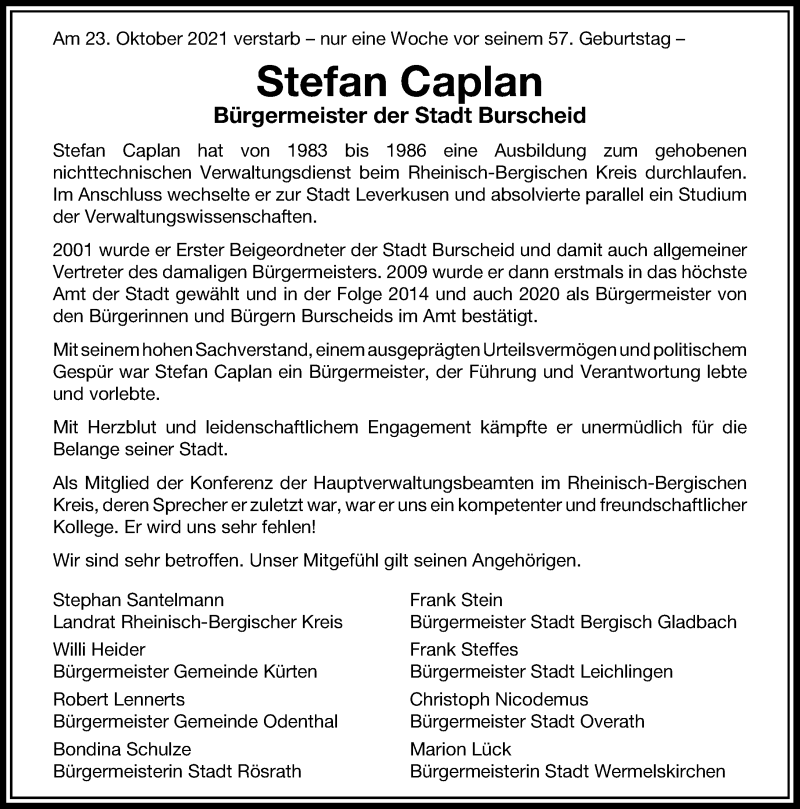  Traueranzeige für Stefan Caplan vom 01.11.2021 aus Rheinische Post