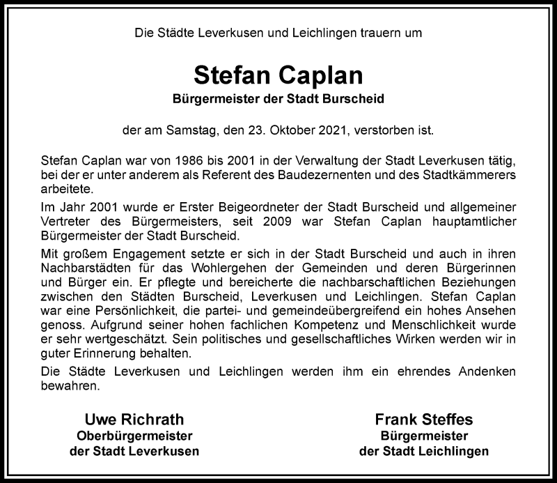  Traueranzeige für Stefan Caplan vom 30.10.2021 aus Rheinische Post