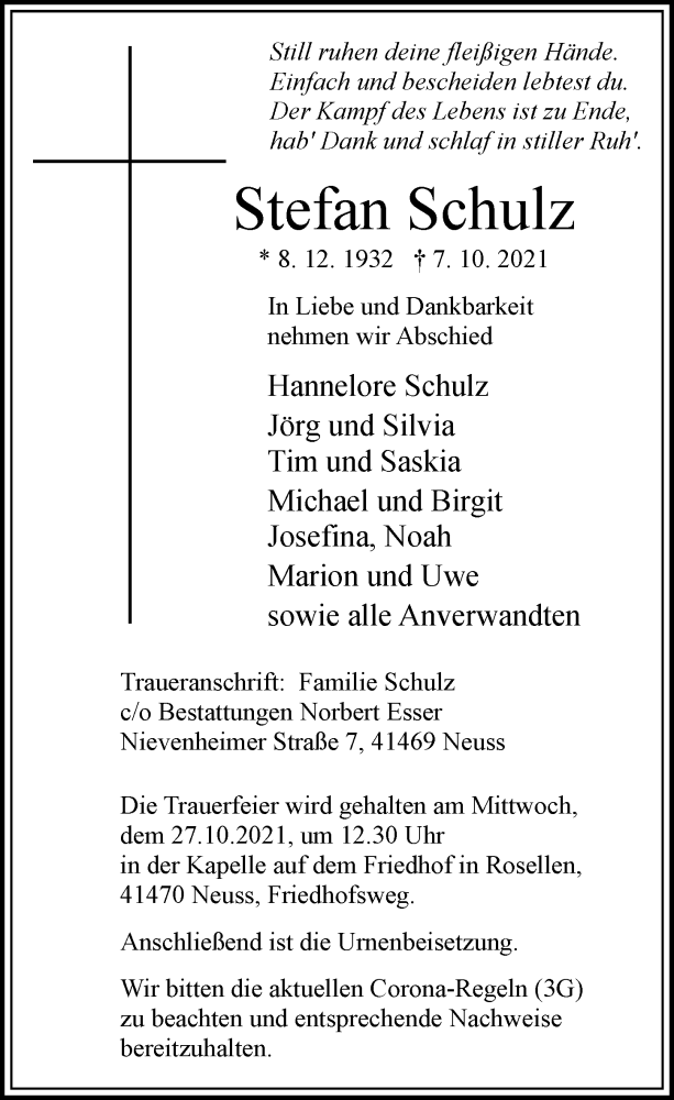  Traueranzeige für Stefan Schulz vom 23.10.2021 aus Rheinische Post