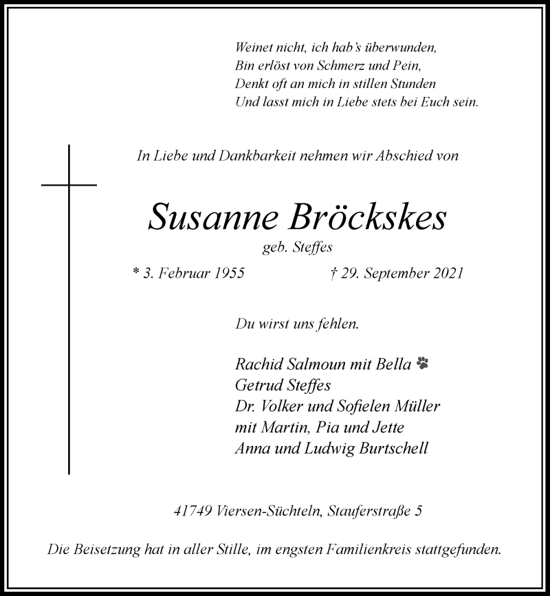  Traueranzeige für Susanne Bröckskes vom 09.10.2021 aus Rheinische Post