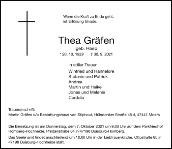 Traueranzeige von Thea Gräfen von Rheinische Post
