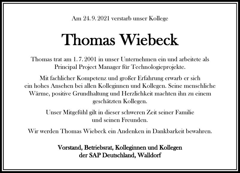  Traueranzeige für Thomas Wiebeck vom 02.10.2021 aus Rheinische Post