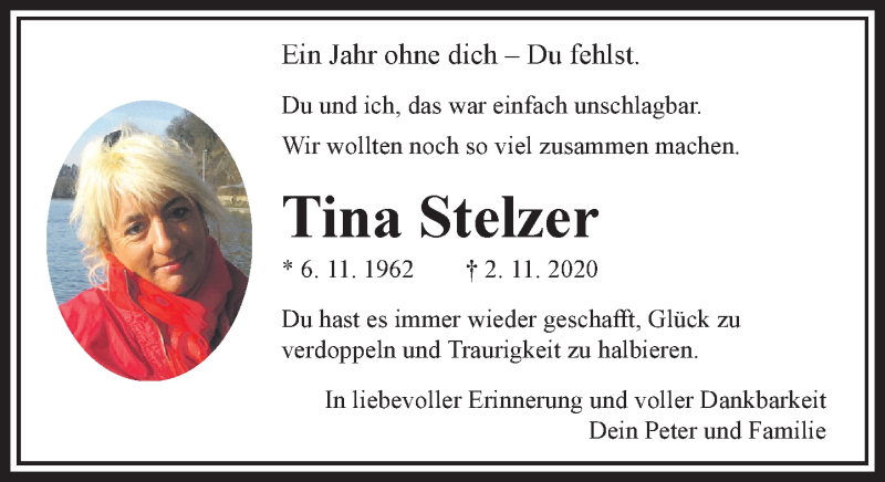 Traueranzeige für Tina Stelzer vom 01.11.2021 aus Rheinische Post