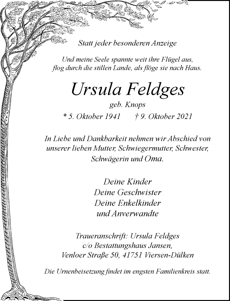  Traueranzeige für Ursula Feldges vom 23.10.2021 aus Rheinische Post