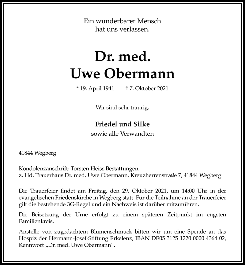  Traueranzeige für Uwe Obermann vom 23.10.2021 aus Rheinische Post
