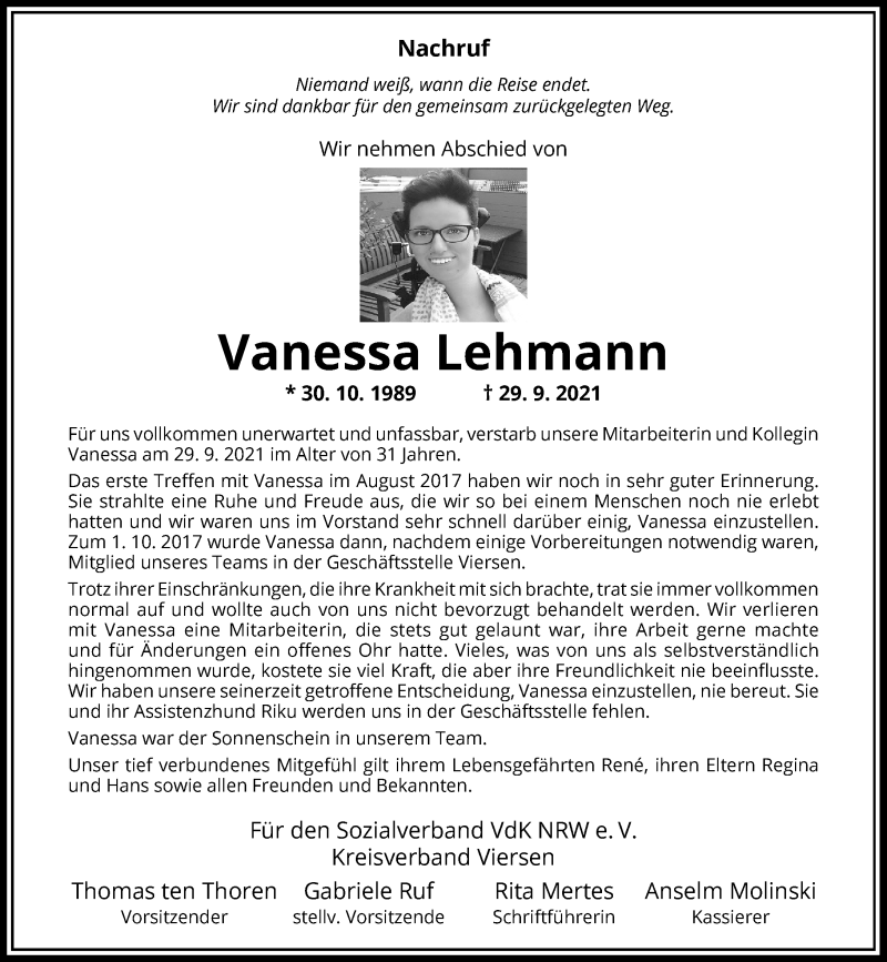  Traueranzeige für Vanessa Lehmann vom 02.10.2021 aus Rheinische Post