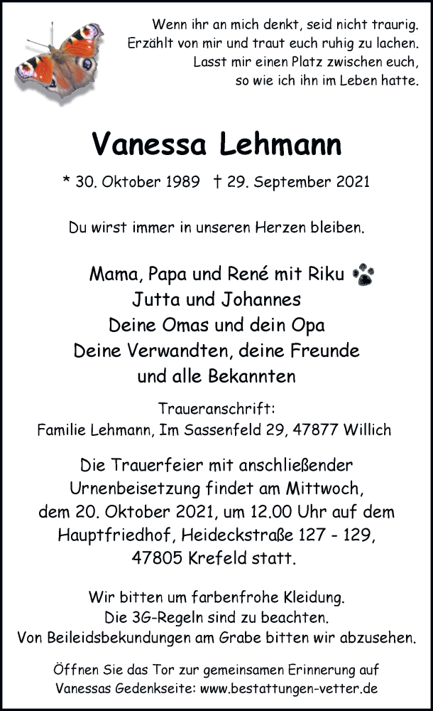  Traueranzeige für Vanessa Lehmann vom 09.10.2021 aus Rheinische Post