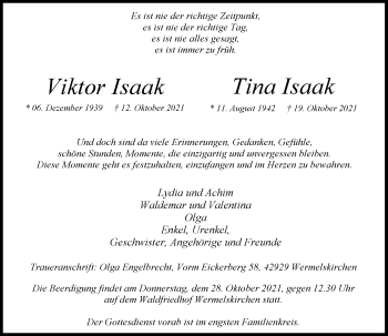 Traueranzeige von Viktor und Tina Isaak von Rheinische Post