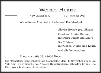 Traueranzeige von Werner Heinze von Rheinische Post