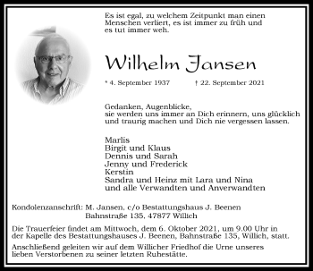 Traueranzeige von Wilhelm Jansen von Rheinische Post