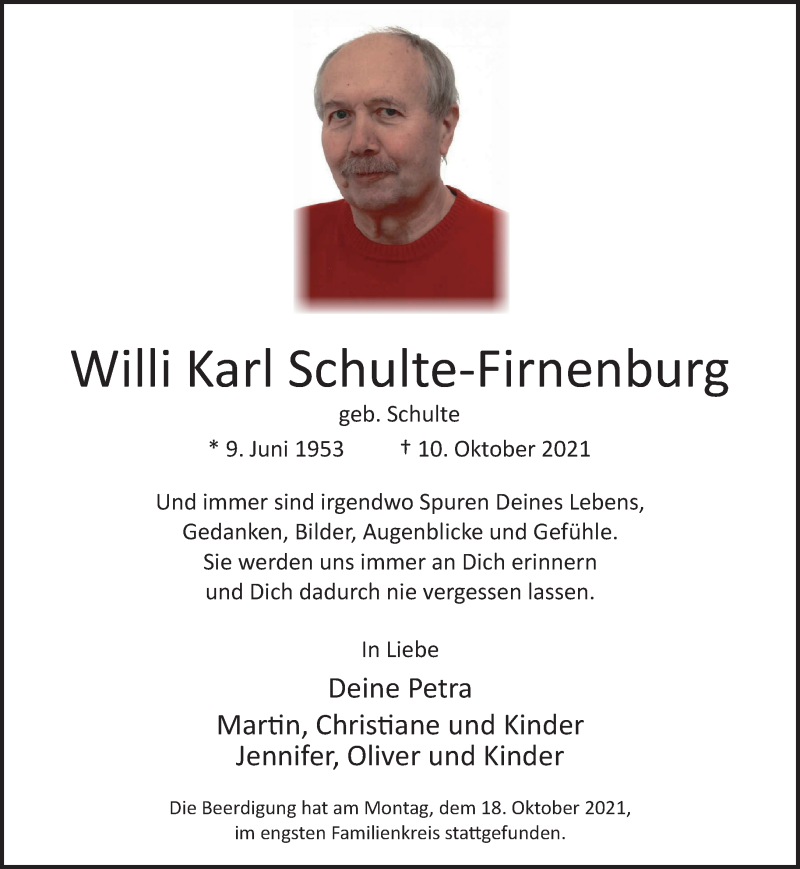  Traueranzeige für Willi Karl Schulte-Firnenburg vom 23.10.2021 aus Rheinische Post