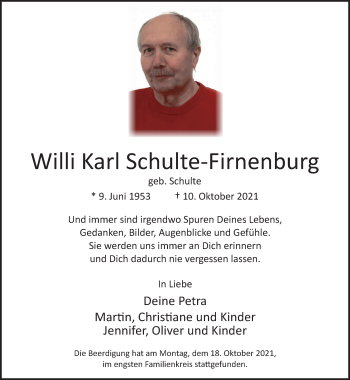Traueranzeige von Willi Karl Schulte-Firnenburg von Rheinische Post
