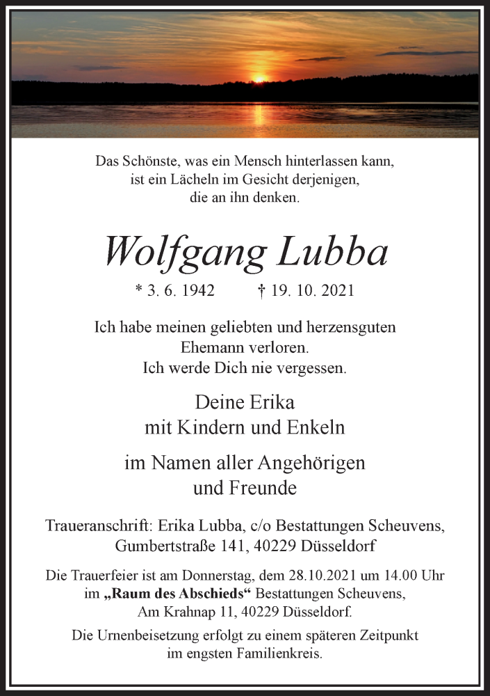  Traueranzeige für Wolfgang Lubba vom 23.10.2021 aus Rheinische Post