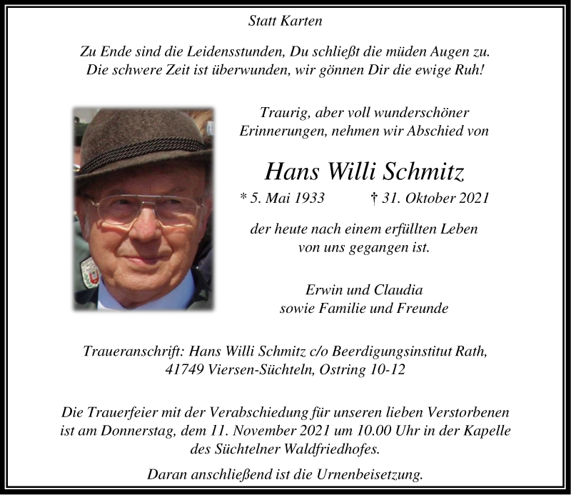  Traueranzeige für Hans Willi Schmitz vom 06.11.2021 aus Rheinische Post