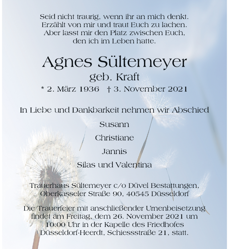  Traueranzeige für Agnes Sültemeyer vom 13.11.2021 aus Rheinische Post