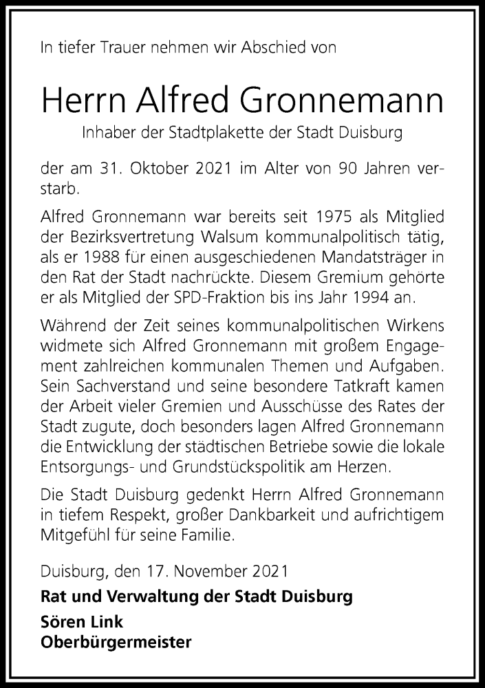  Traueranzeige für Alfred Gronnemann vom 20.11.2021 aus Rheinische Post