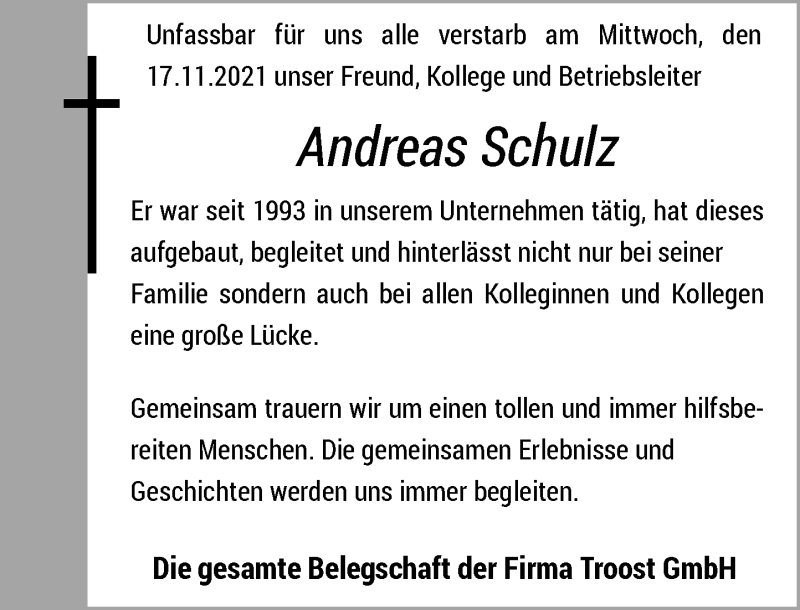 Traueranzeige für Andreas Schulz vom 26.11.2021 aus Rheinische Post