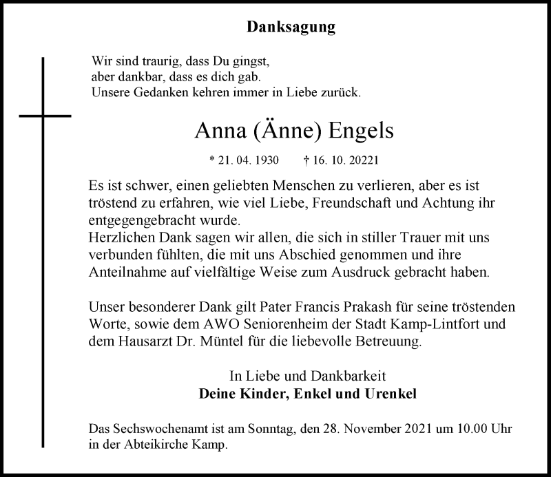  Traueranzeige für Anna Engels vom 13.11.2021 aus Rheinische Post