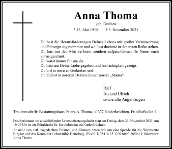 Traueranzeige von Anna Thoma von Rheinische Post