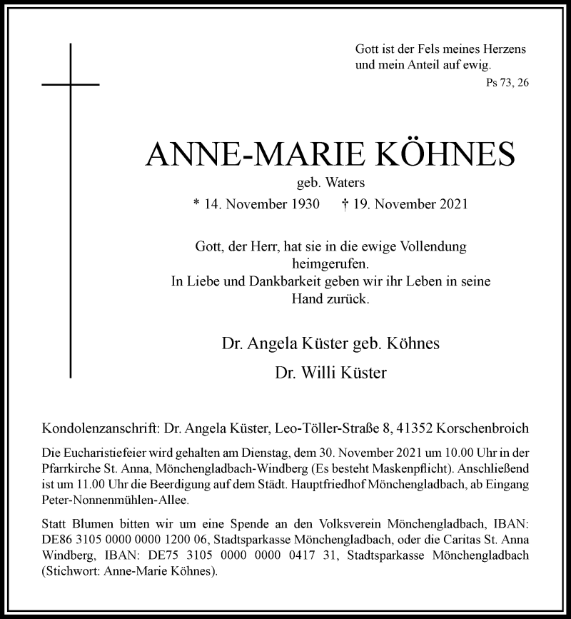 Traueranzeige für Anne-Marie Köhnes vom 27.11.2021 aus Rheinische Post