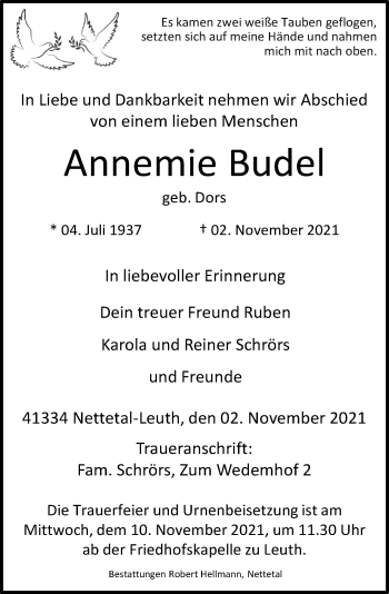 Traueranzeige von Annemie Budel von Rheinische Post