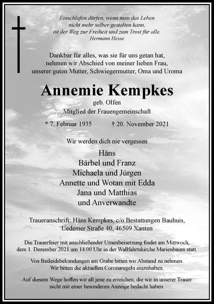  Traueranzeige für Annemie Kempkes vom 27.11.2021 aus Rheinische Post