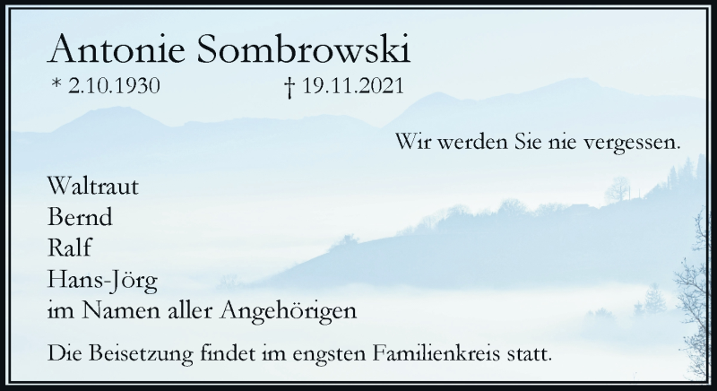  Traueranzeige für Antonie Sombrowski vom 27.11.2021 aus Rheinische Post