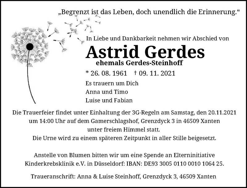  Traueranzeige für Astrid Gerdes vom 13.11.2021 aus Rheinische Post