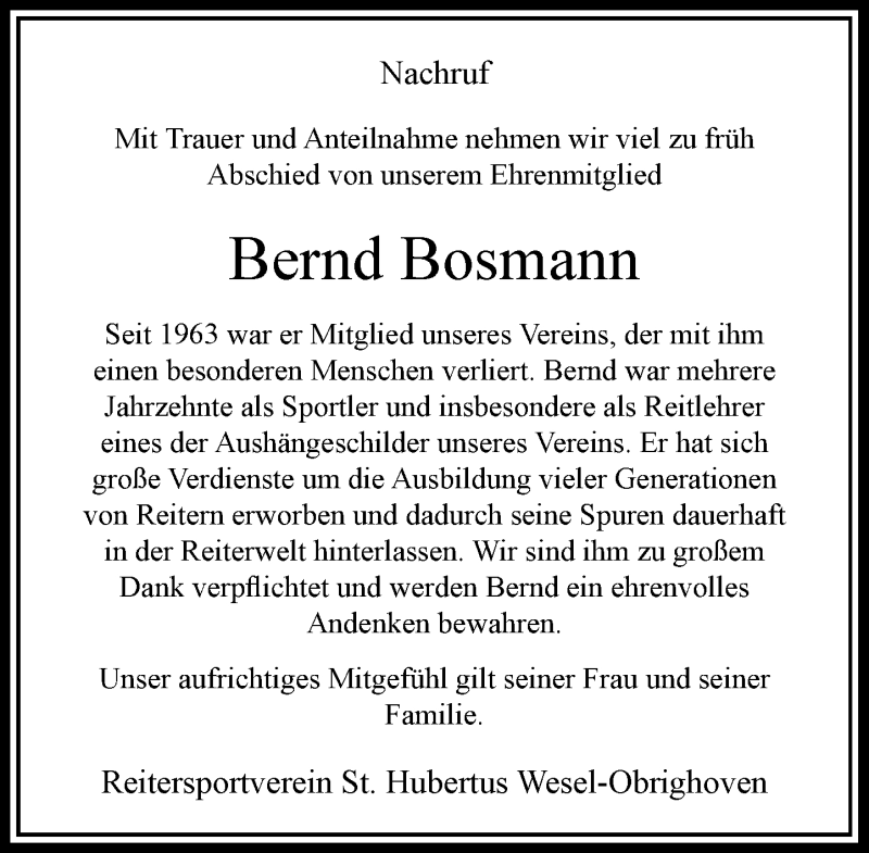  Traueranzeige für Bernd Bosmann vom 24.11.2021 aus Rheinische Post