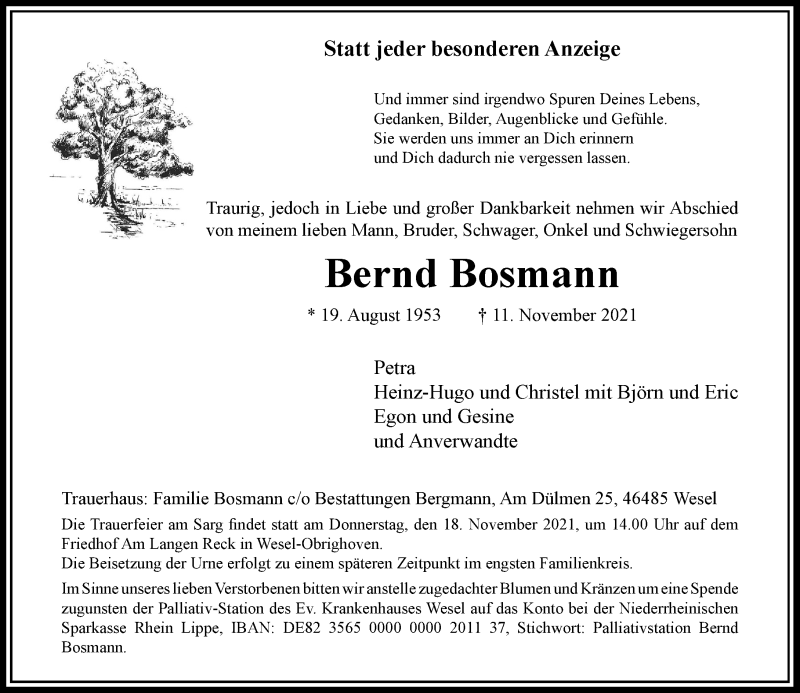  Traueranzeige für Bernd Bosmann vom 17.11.2021 aus Rheinische Post