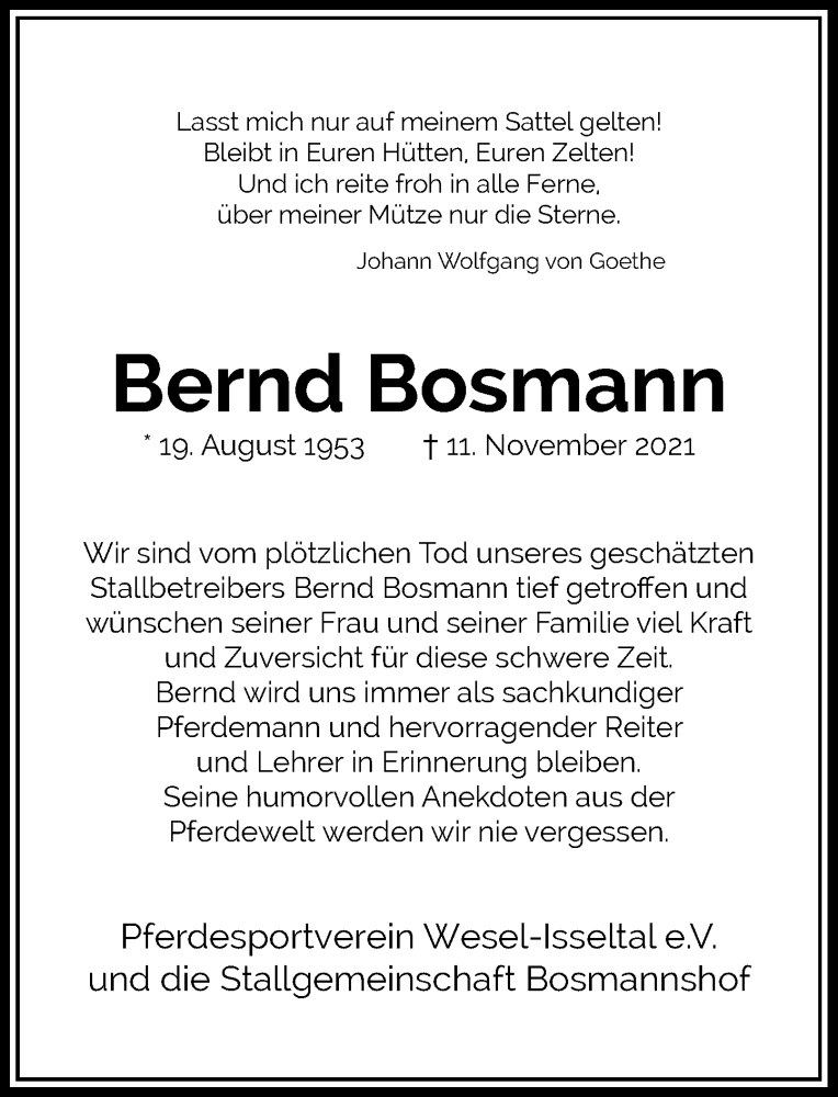  Traueranzeige für Bernd Bosmann vom 19.11.2021 aus Rheinische Post