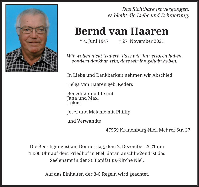  Traueranzeige für Bernd van Haaren vom 29.11.2021 aus Rheinische Post