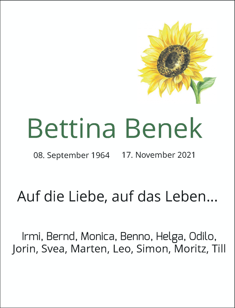  Traueranzeige für Bettina Benek vom 27.11.2021 aus Rheinische Post