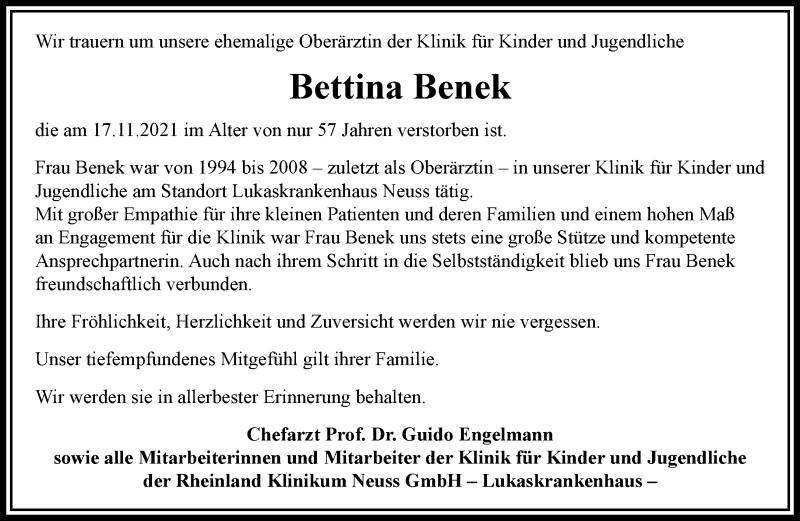  Traueranzeige für Bettina Benek vom 27.11.2021 aus Rheinische Post