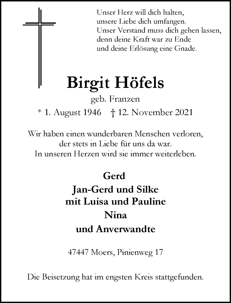  Traueranzeige für Birgit Höfels vom 27.11.2021 aus Rheinische Post