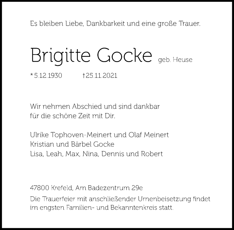  Traueranzeige für Brigitte Gocke vom 04.12.2021 aus Rheinische Post