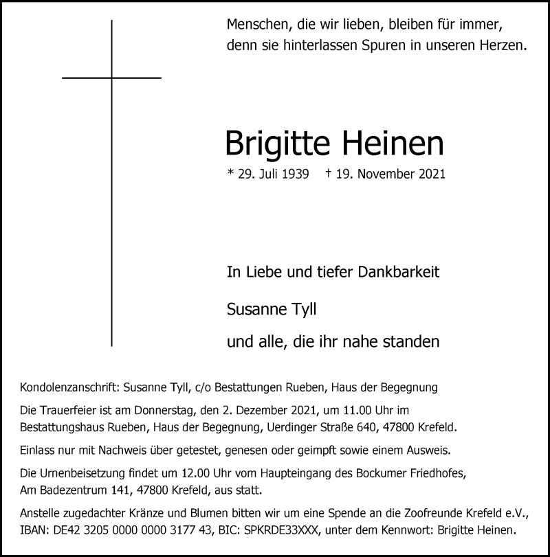  Traueranzeige für Brigitte Heinen vom 27.11.2021 aus Rheinische Post