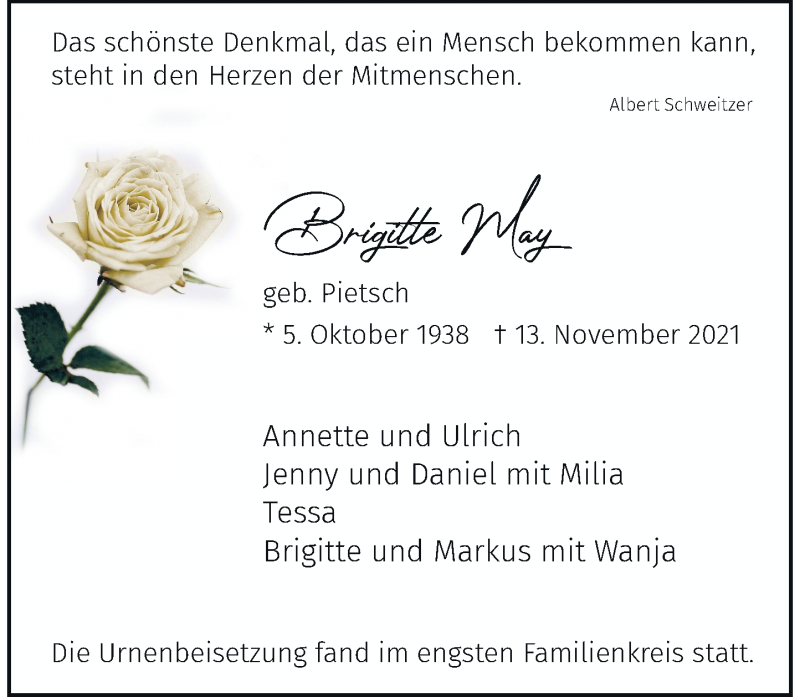  Traueranzeige für Brigitte May vom 27.11.2021 aus Rheinische Post